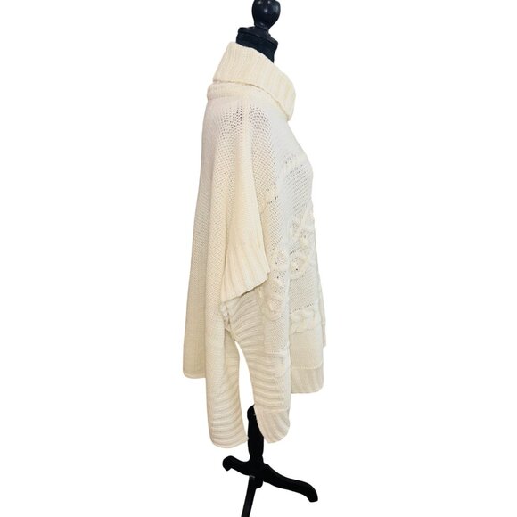 Loft Womens Cream Cable Knit Poncho Sweater Turtleneck Boho Chic Western Cowgirl - Picture 4 of 6